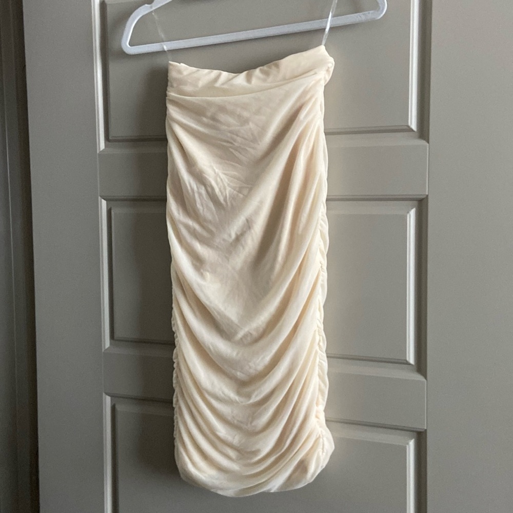 Oh Polly nylon and elastane strapless ruched dress, new with tags with tags